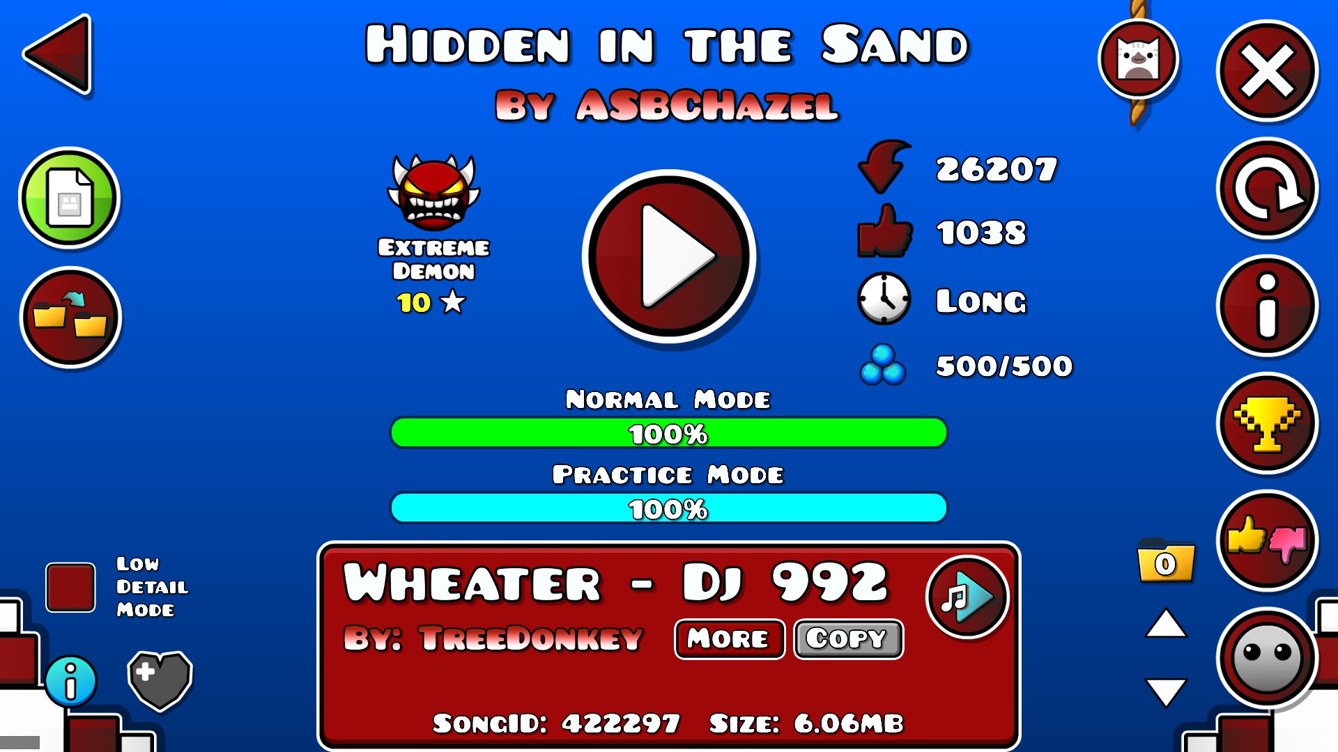 Image of the overview page for the level Hidden In The Sand by ASBCHazel in Geometry Dash. A Normal Mode percentage of 100% can be seen.